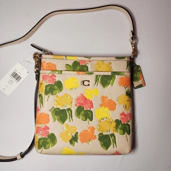 NWT Coach CC556 Floral Print Kitt Crossbody Handbag Multicolor Pebbled Leather - Picture 1 of 6
